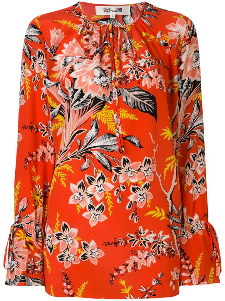 Diane Von Furstenberg Tie Neck Floral Printed Blouse - Red