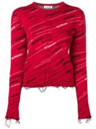 Balenciaga Distressed Logo Cardigan - Red