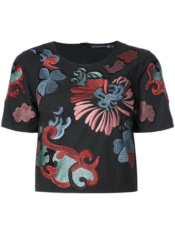 Natori Embroidered Flower Cropped T-shirt - Black