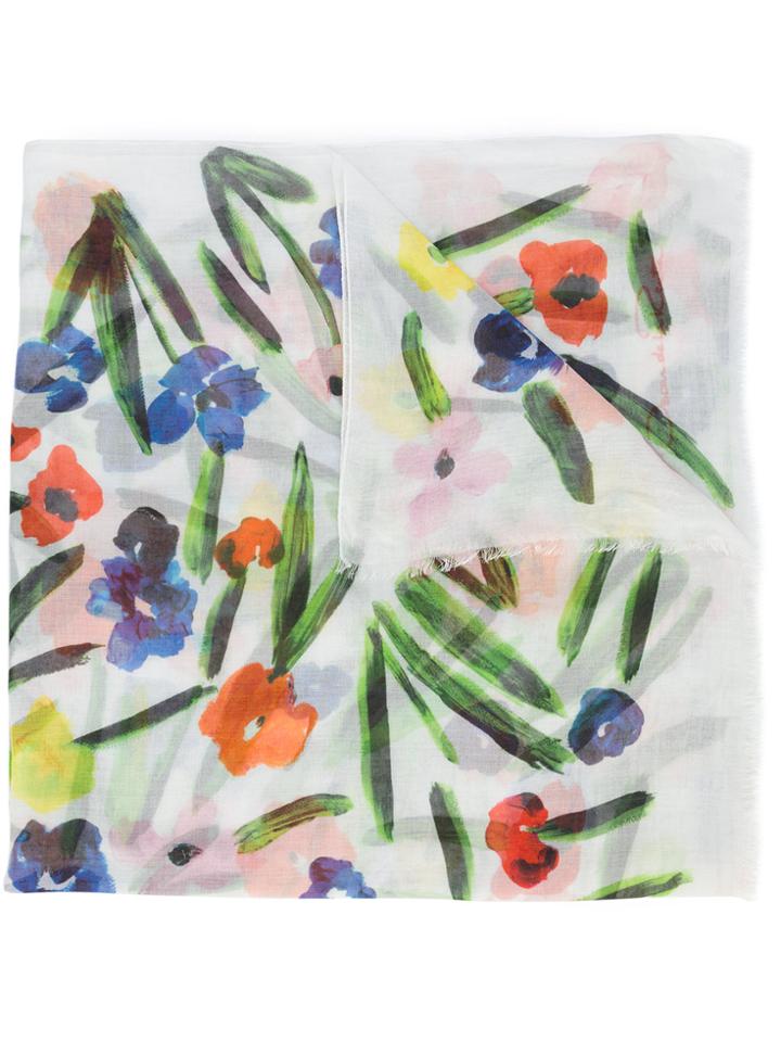 Oscar De La Renta Painted Flowers Scarf - White