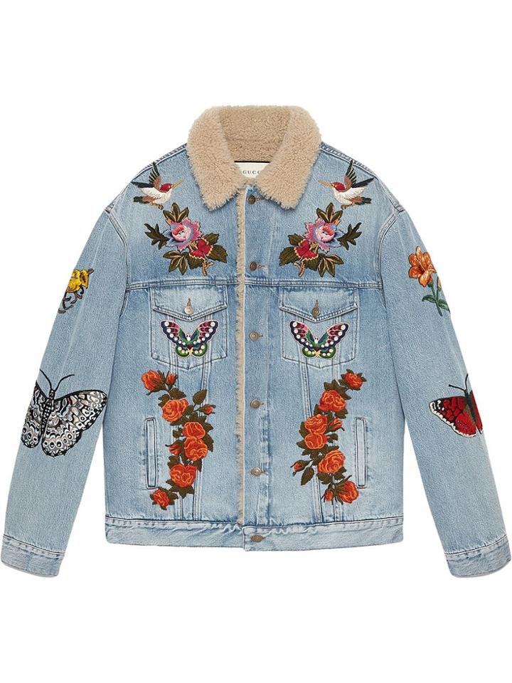 Gucci Embroidered Denim Jacket With Shearling - Blue