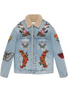 Gucci Embroidered Denim Jacket With Shearling - Blue