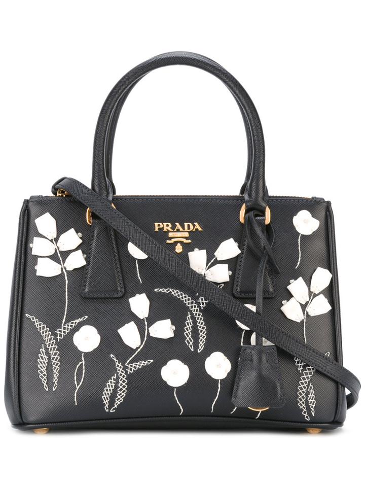 Prada Floral Embellishment Tote, Women's, Black, Leather