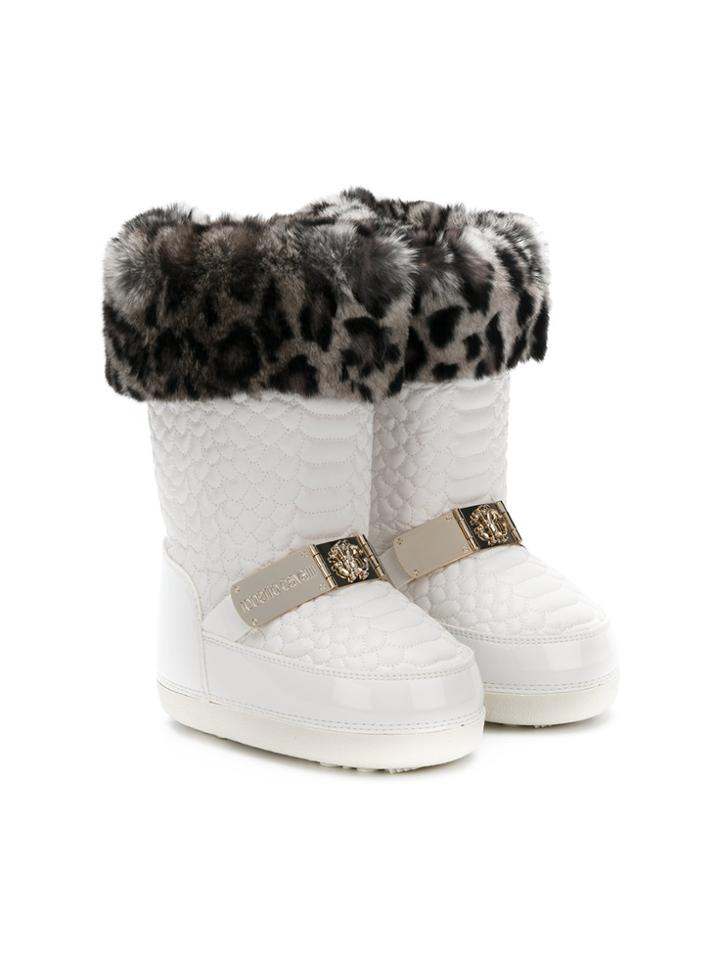 Roberto Cavalli Kids Faux Fur Trim Snow Boots - White