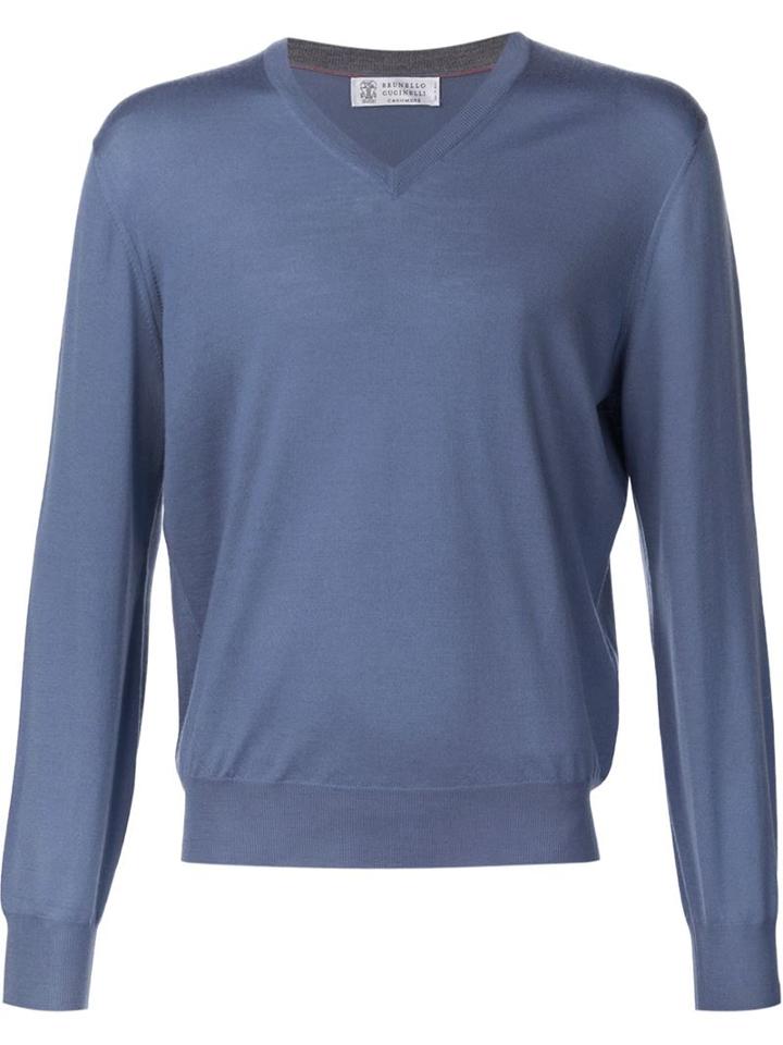 Brunello Cucinelli V-neck Sweater, Men's, Size: 50, Blue, Cashmere/wool