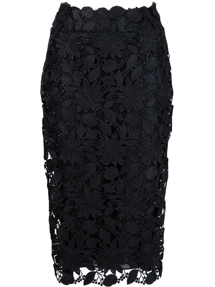 Monique Lhuillier Overlay Floral Applique Straight Midi Skirt, Women's, Size: 6, Black, Nylon/polyester