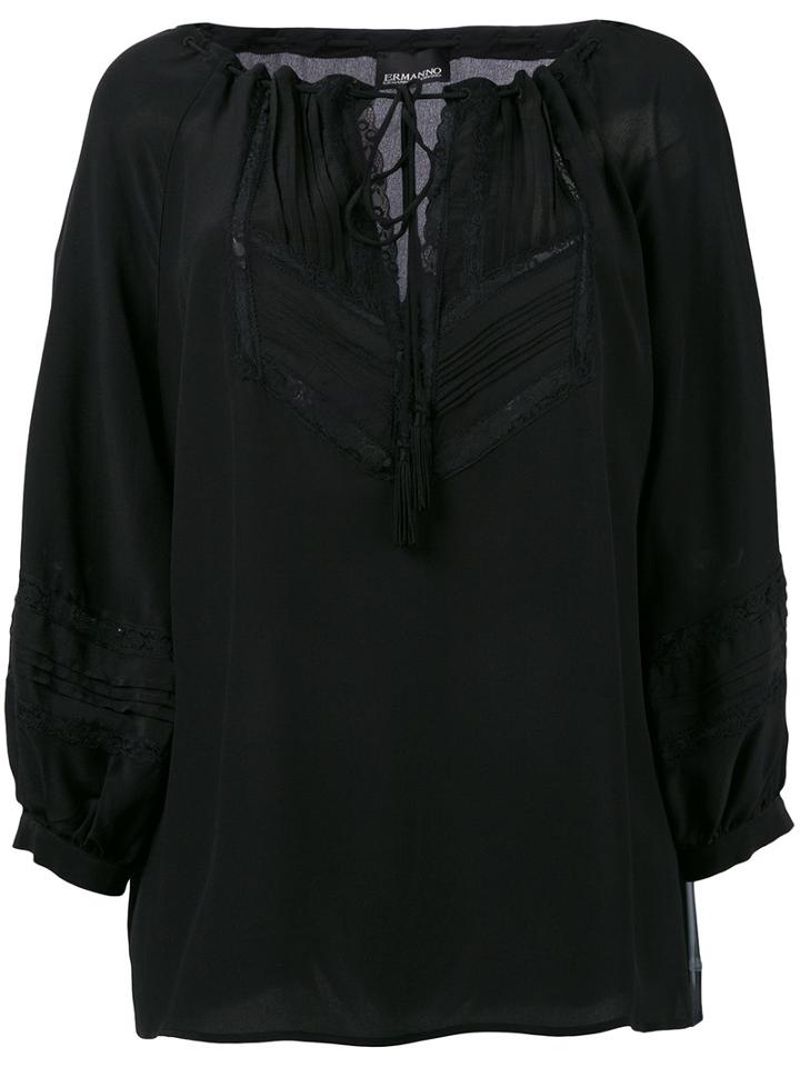 Ermanno Ermanno - Tied Round Neck Top - Women - Silk/cotton/polyamide - 42, Black, Silk/cotton/polyamide