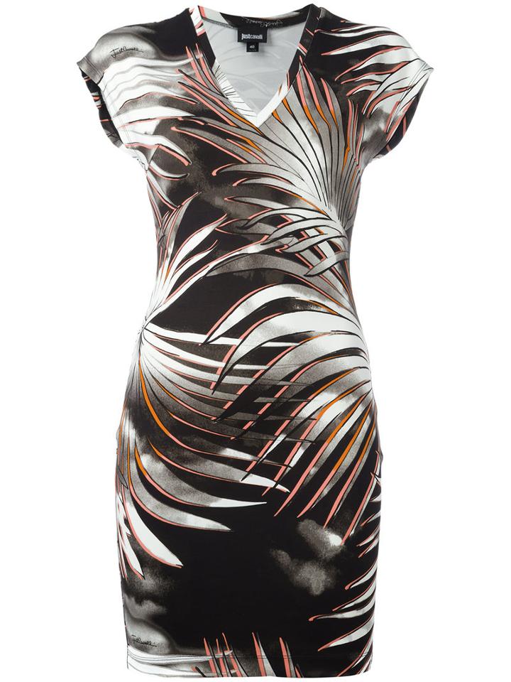 Just Cavalli Leaves Print T-shirt Dress, Women's, Size: 44, Black, Viscose/spandex/elastane