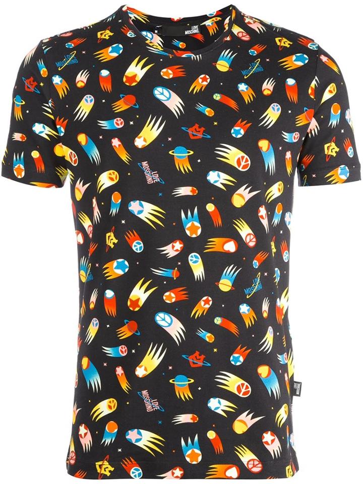 Love Moschino Allover Print T-shirt, Men's, Size: Small, Blue, Cotton/spandex/elastane