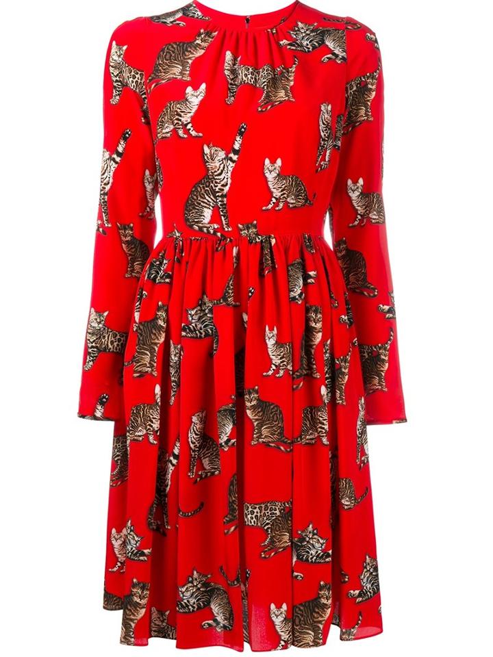 Dolce & Gabbana Bengal Cat Print Dress, Women's, Size: 40, Red, Silk/spandex/elastane