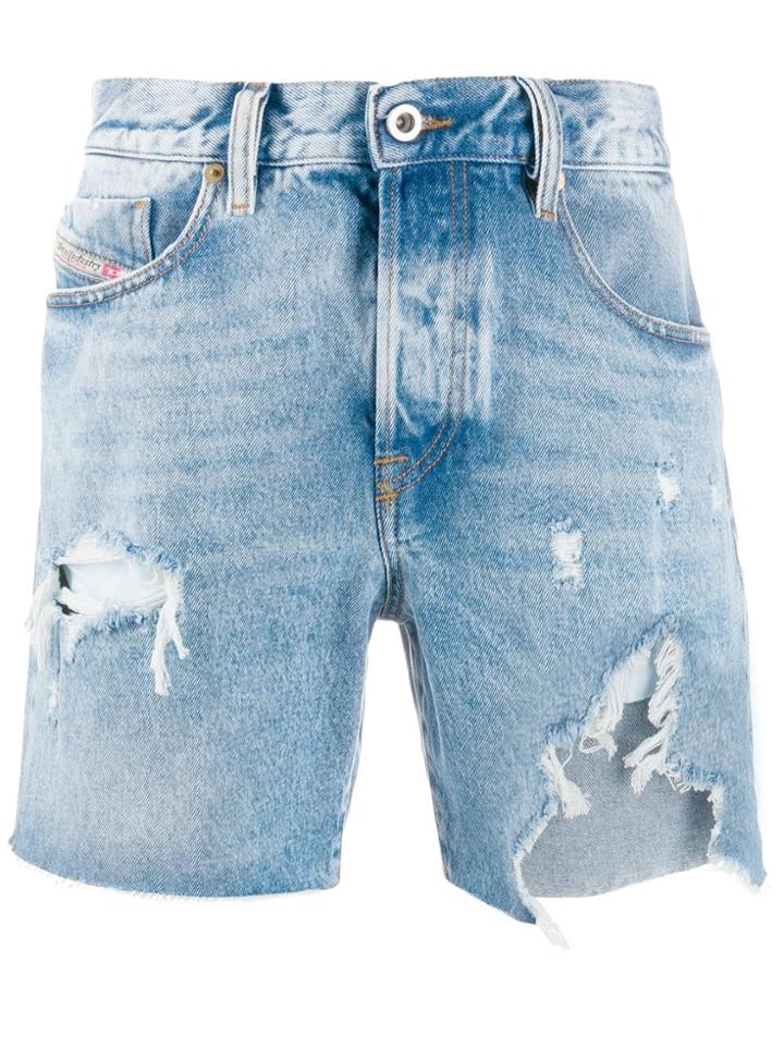 Diesel D-kirm Destroyed Denim Shorts - Blue
