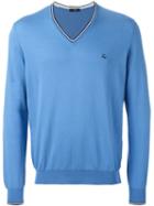 Fay Contrasting Trim V-neck Sweater, Men's, Size: 54, Blue, Cotton
