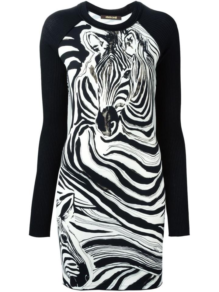 Roberto Cavalli Zebra Print Dress, Women's, Size: 46, Black, Polyamide/spandex/elastane/viscose/virgin Wool