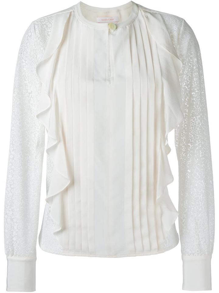 See By Chloé Embroidered Panel Ruffled Blouse, Women's, Size: 40, White, Polyester/silk
