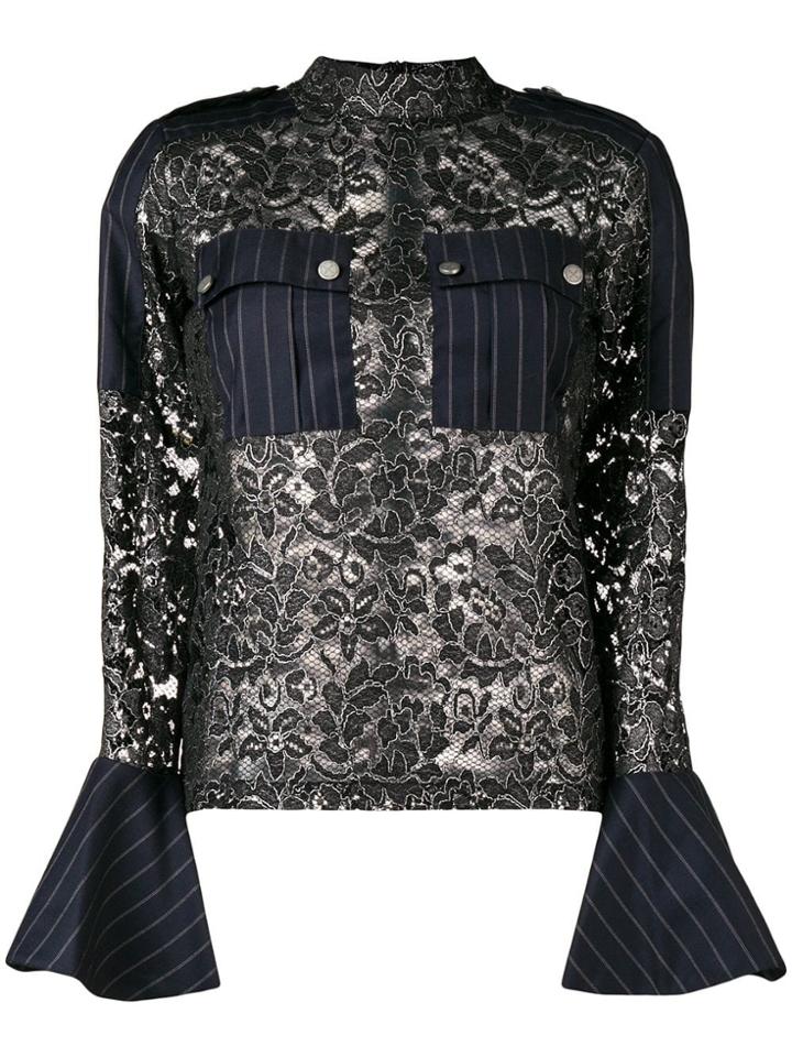 Each X Other Hybrid Lace & Pinstripe Military Blouse - Black