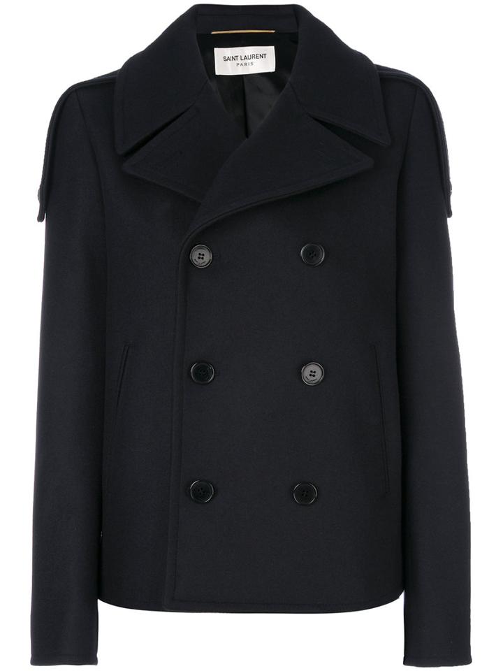 Saint Laurent - Cropped Double Breasted Coat - Women - Cotton/cupro/virgin Wool - 36, Blue, Cotton/cupro/virgin Wool