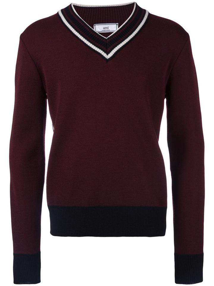 Ami Alexandre Mattiussi V Neck Sweater, Men's, Size: Medium, Red, Virgin Wool