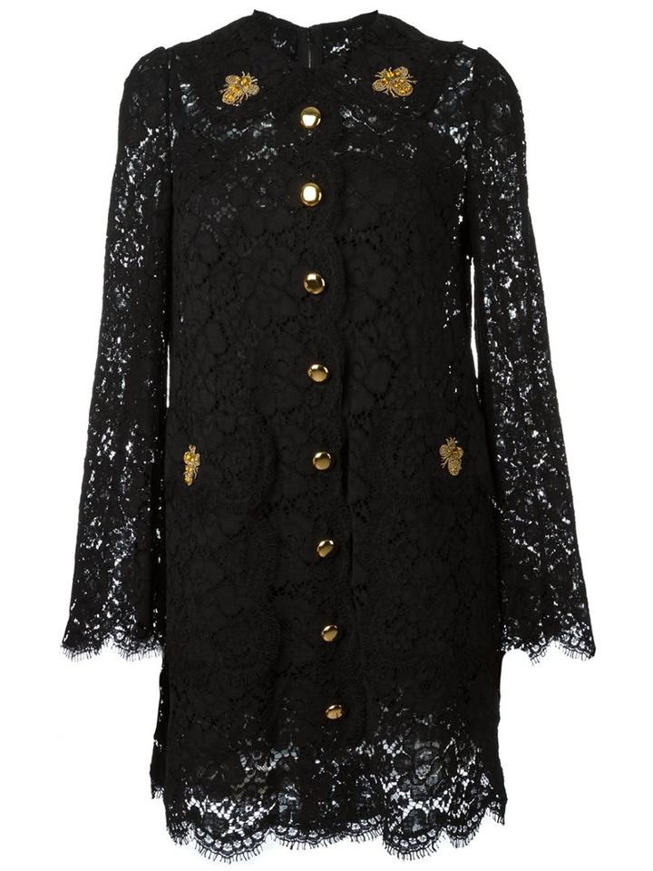 Dolce & Gabbana Floral Lace Buttoned Dress, Women's, Size: 40, Black, Rayon/cotton/nylon/polyester