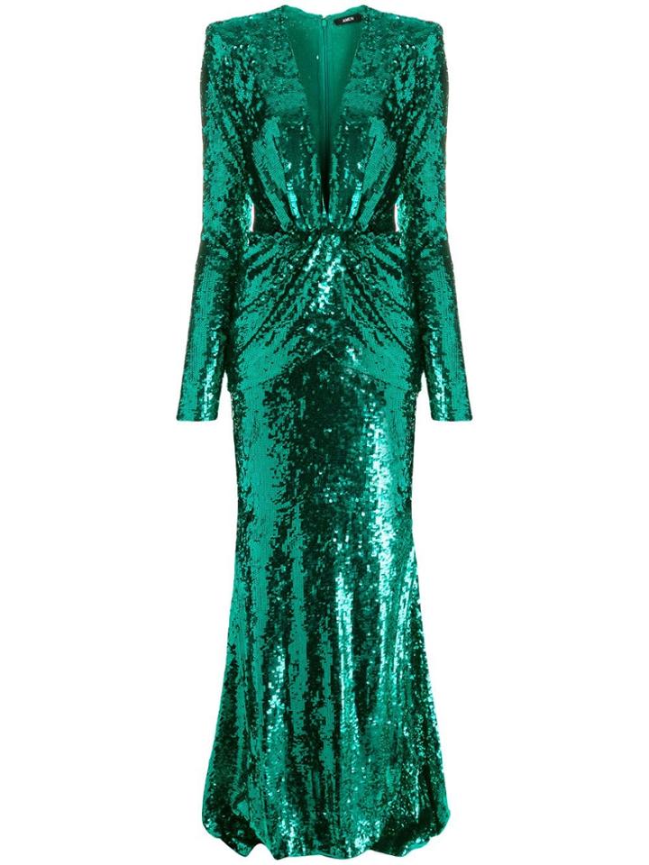 Amen Sequinned V-neck Gown - Green