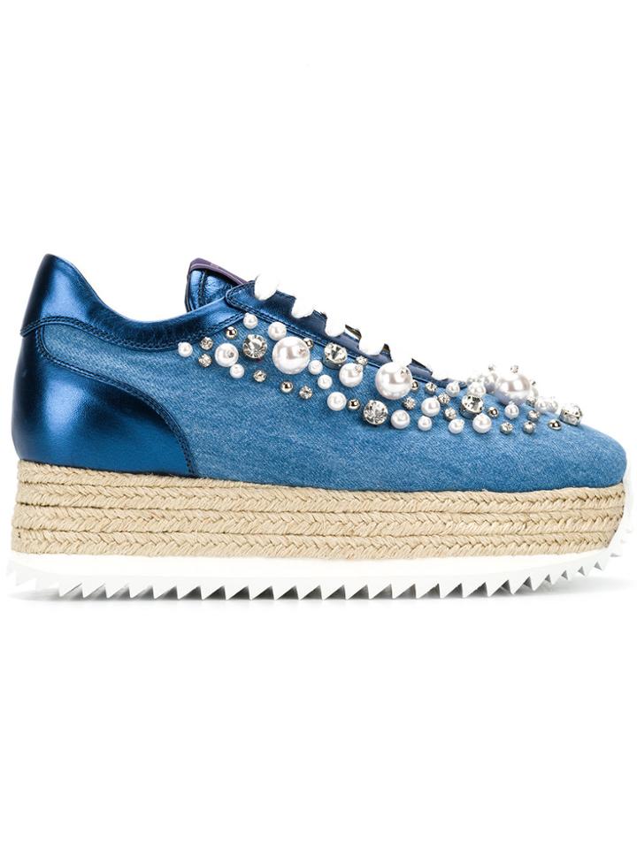 Le Silla Embellished Denim Platform Sneakers - Blue