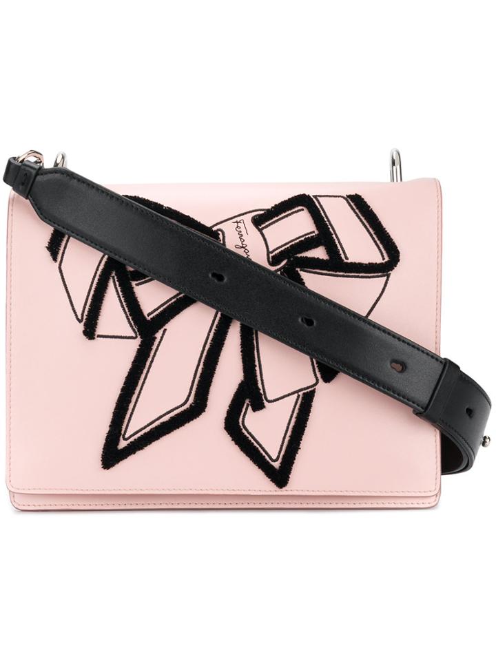 Salvatore Ferragamo Bow Embroidered Shoulder Bag - Pink & Purple