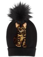 Dolce & Gabbana Cat Pompom Beanie, Women's, Black, Fox Fur/cashmere