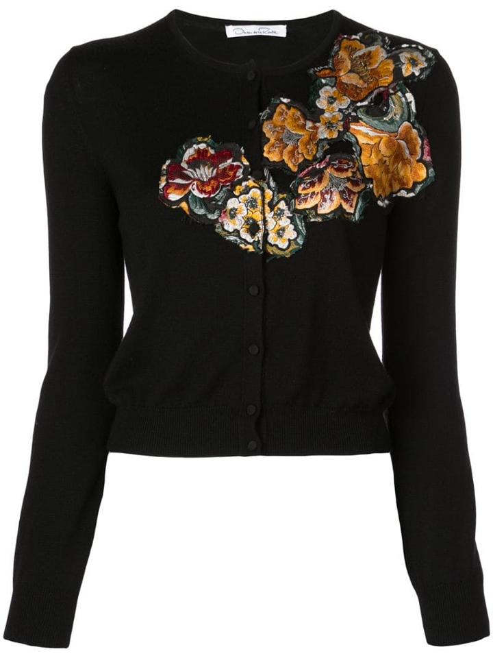 Oscar De La Renta Embroidered Long Sleeve Cardigan - Black