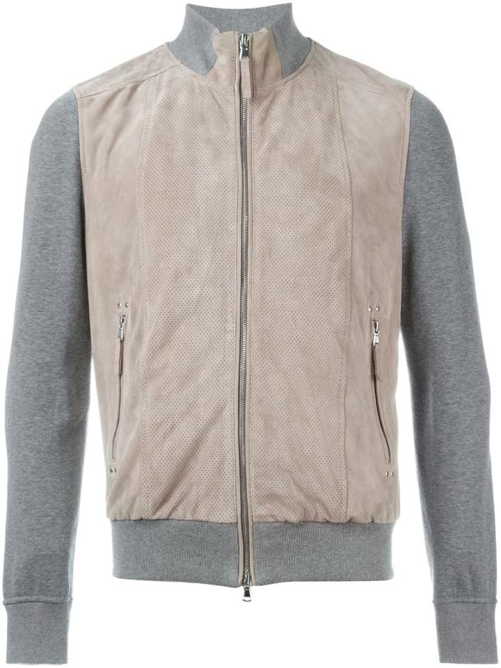 Eleventy Suede Panel Zipped Cardigan, Men's, Size: 52, Nude/neutrals, Cotton/suede