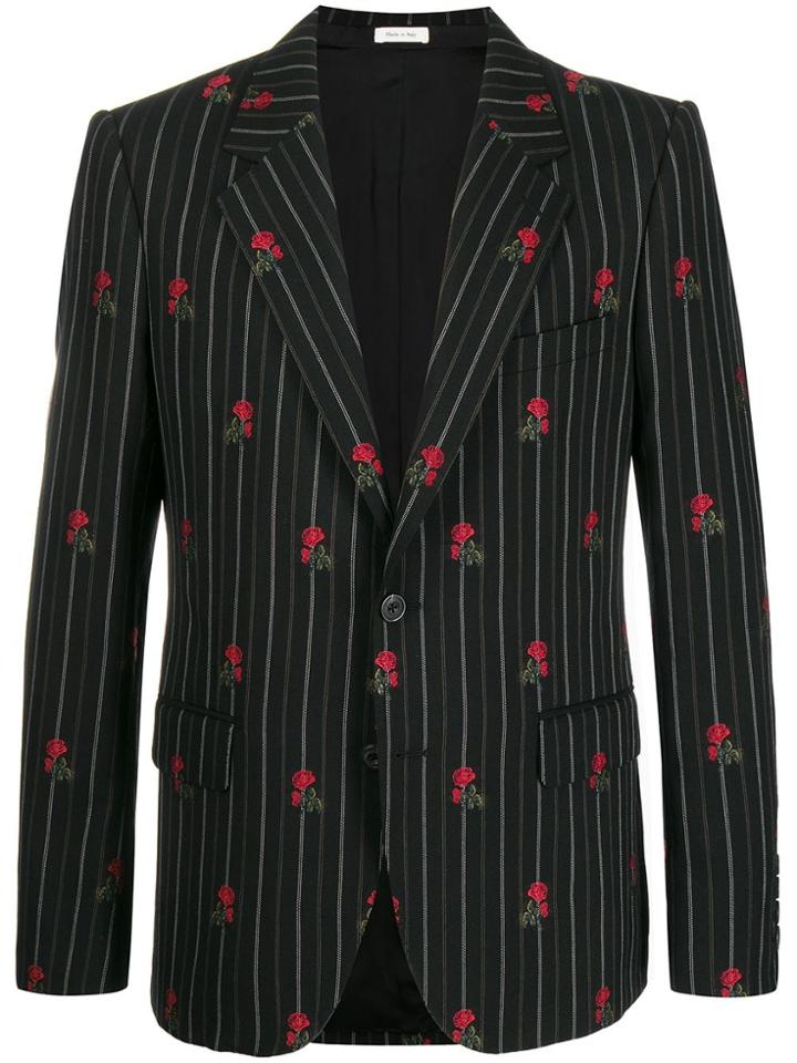 Alexander Mcqueen Rose Embroidered Pinstripe Blazer - Black