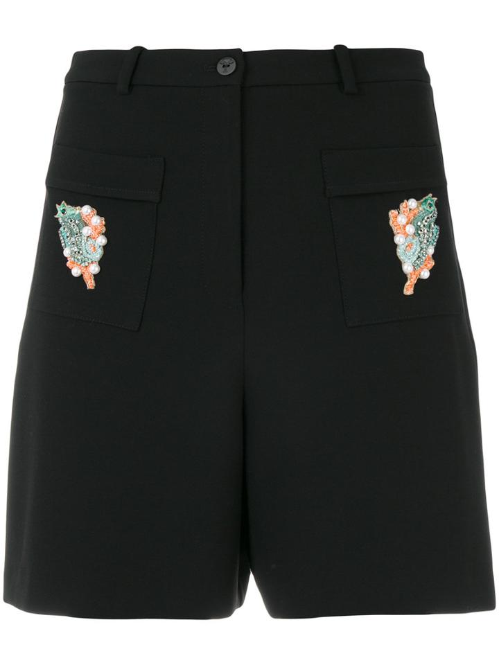 Vivetta - Embroidered Fishes Shorts - Women - Cotton/polyester/spandex/elastane/viscose - 40, Black, Cotton/polyester/spandex/elastane/viscose