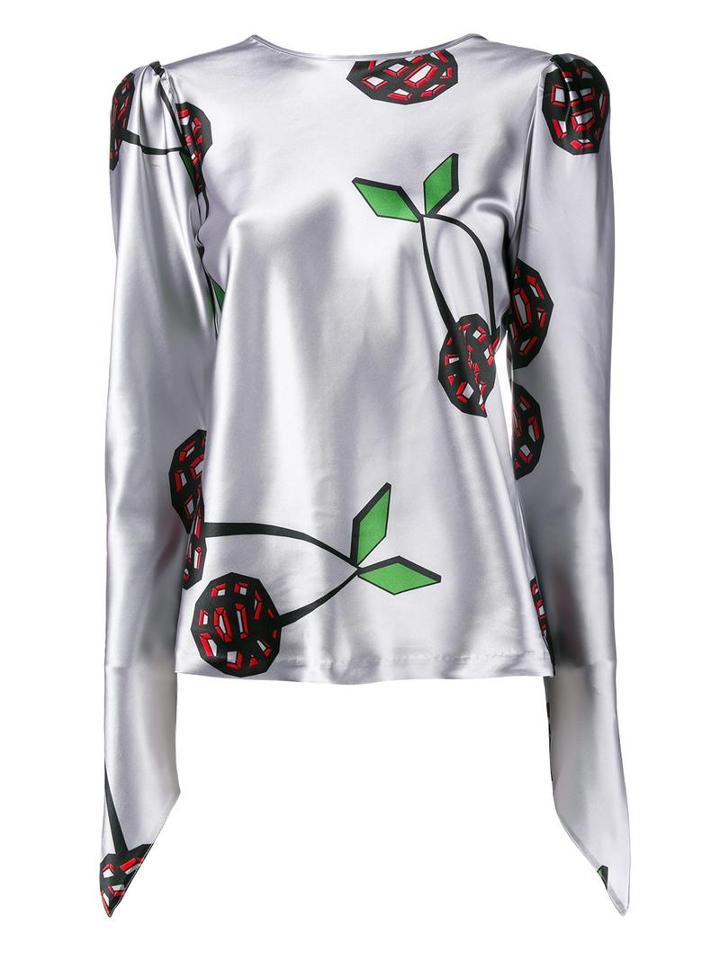Natasha Zinko Cherry Print Satin Blouse, Women's, Size: 34, Grey, Polyester/spandex/elastane