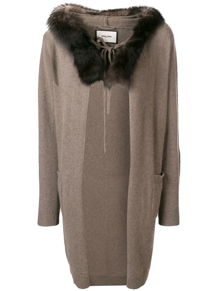 Max & Moi Fox Fur Hooded Cardigan - Brown