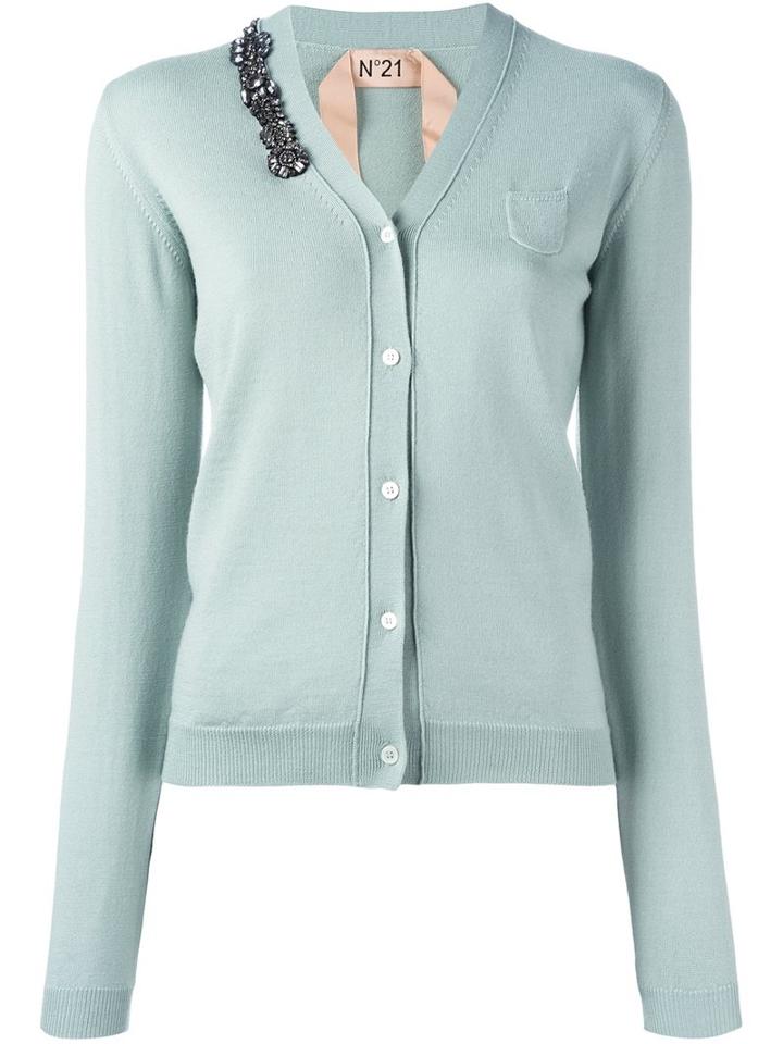 No21 Embellished Cardigan, Women's, Size: 42, Green, Virgin Wool/glass/metal/pvc