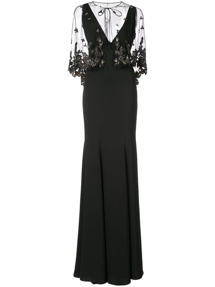 Marchesa Notte Embellished Cape Gown - Black