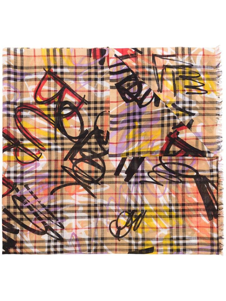 Burberry Graffiti Print And Frayed Edge Scarf - Brown