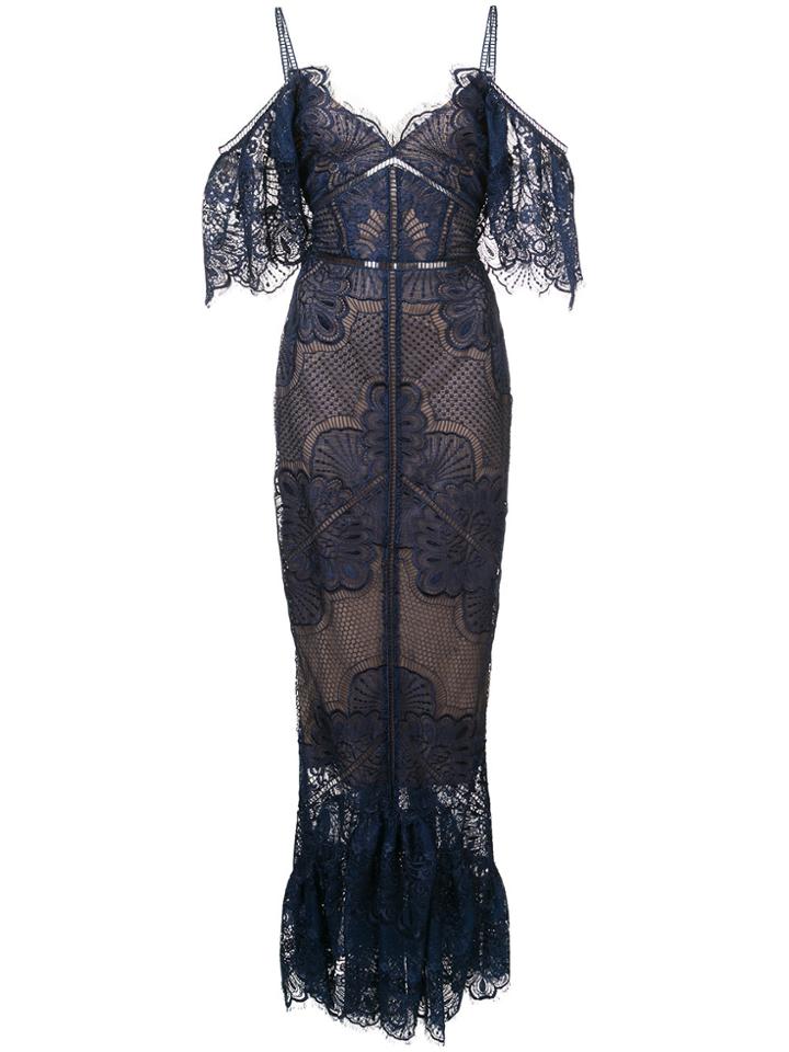 Marchesa Notte Delicate Lace Gown - Blue
