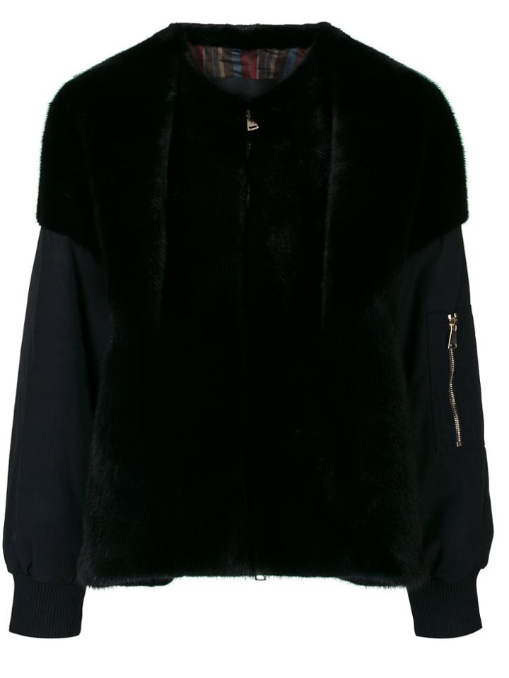 Blancha Contrast Material Bomber Jacket - Blue