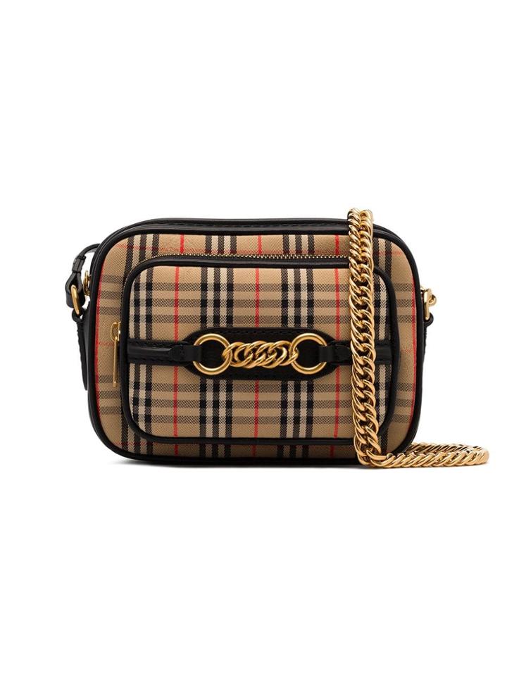 Burberry Check Print Leather Cross Body Bag - Black