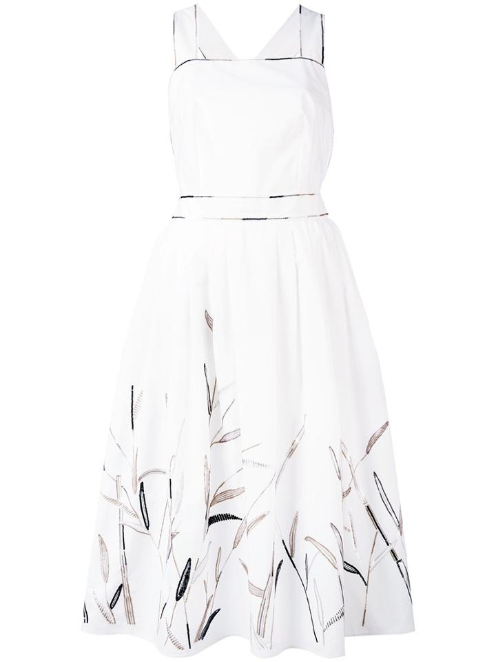 Blumarine - Leaf Print Flared Dress - Women - Cotton/pvc - 40, White, Cotton/pvc