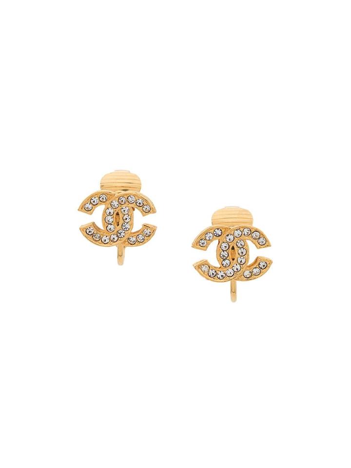 Chanel Pre-owned Interlocking Cc Rhinestone Earrings - Gold