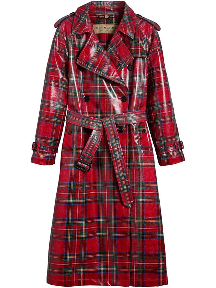 Burberry Laminated Tartan Trench Coat - Red