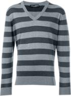 Dolce & Gabbana V-neck Striped Jumper, Men's, Size: 48, Grey, Cotton