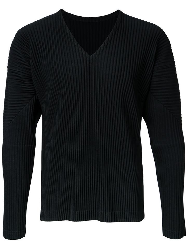Homme Plissé Issey Miyake Pleated Long Sleeve V-neck T-shirt, Men's, Size: 4, Black, Polyester