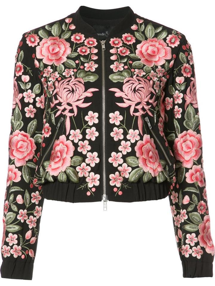 Needle & Thread Roses Embroidery Bomber Jacket, Women's, Size: 6, Black, Polyester