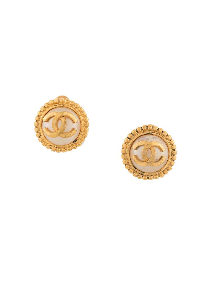 Chanel Vintage Logo Embossed Earrings - Metallic