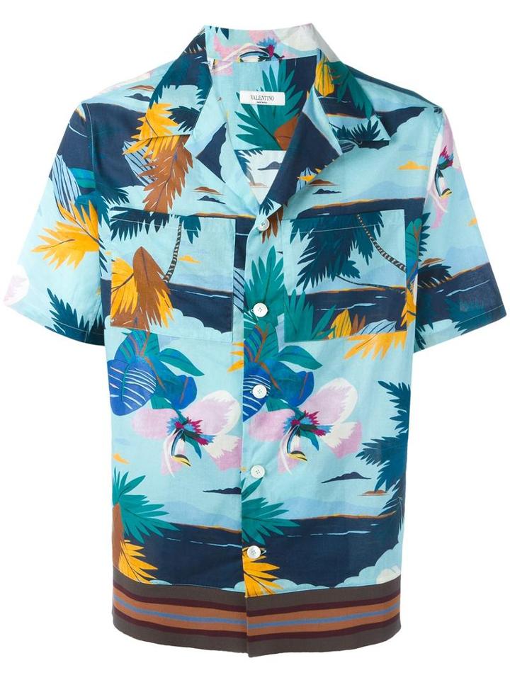 Valentino Tropical Print Shirt, Men's, Size: 41, Blue, Cotton/viscose/polyester