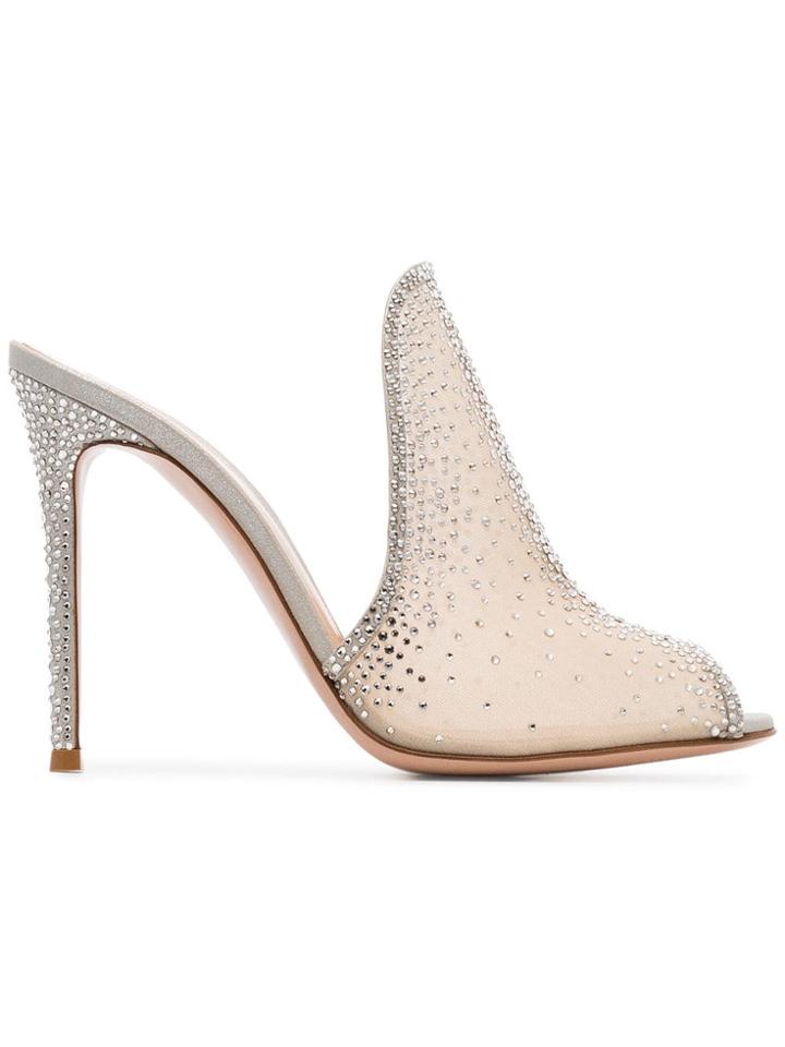 Gianvito Rossi Silver Metallic Aramis Crystal Embellished 105 Mules -