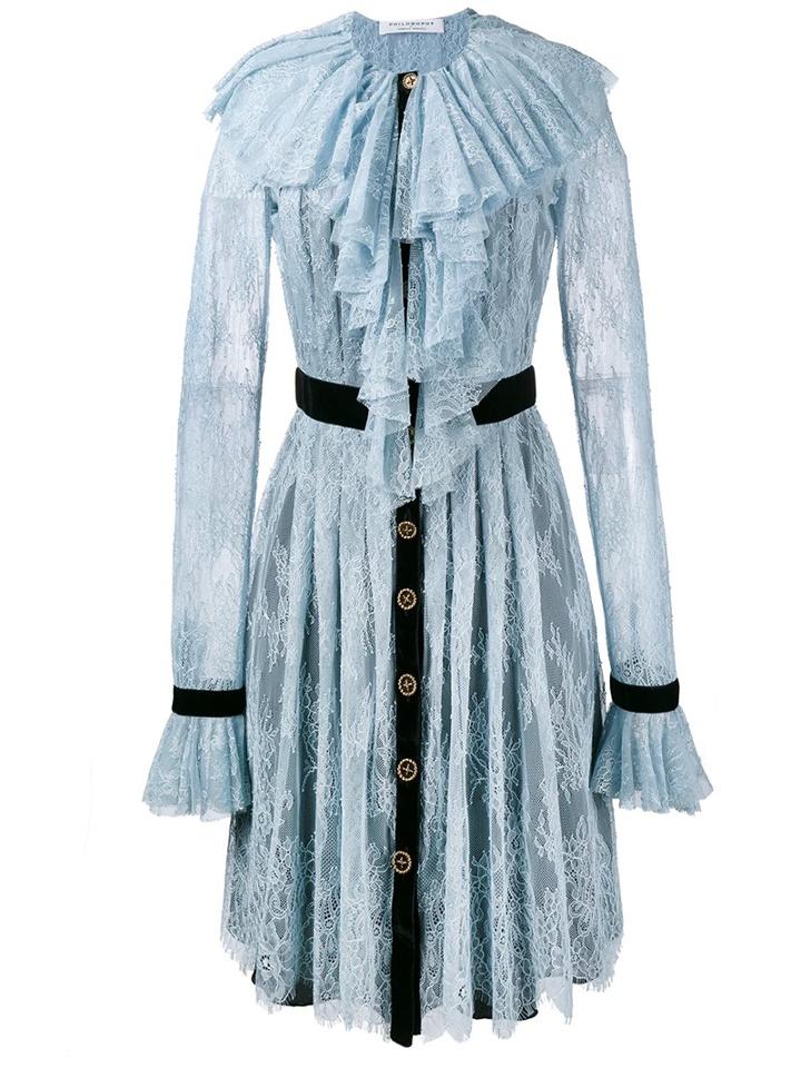 Philosophy Di Lorenzo Serafini Lace Ruffle Shirt Dress, Women's, Size: 42, Blue, Nylon/polyester