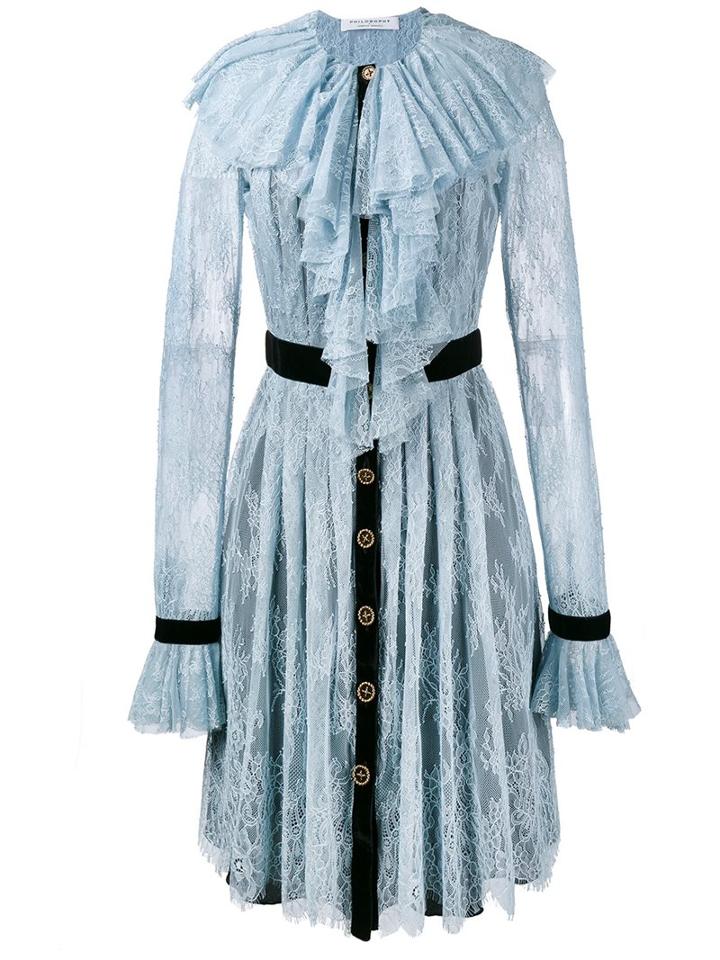 Philosophy Di Lorenzo Serafini Lace Ruffle Shirt Dress, Women's, Size: 42, Blue, Nylon/polyester