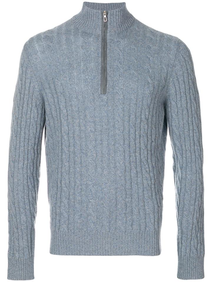 Loro Piana Cable Knit Zipped Neck Jumper - Blue